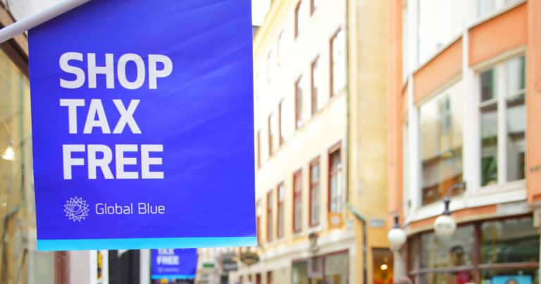 Blue tax free shopping sign on a street in Stockholm Sweden