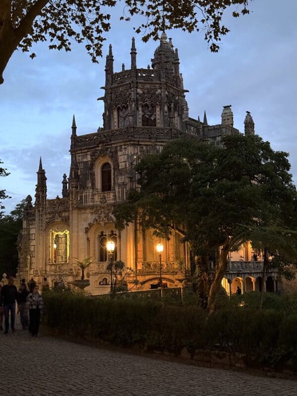 Historic castle in Sintra illuminated at dusk with trees in foreground.