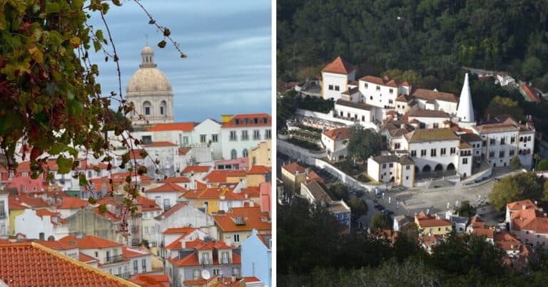 Side-by-side comparison of Lisbon city skyline and Sintra historic centre to help travellers decide whether to stay in Lisbon or Sintra during a Portugal trip.