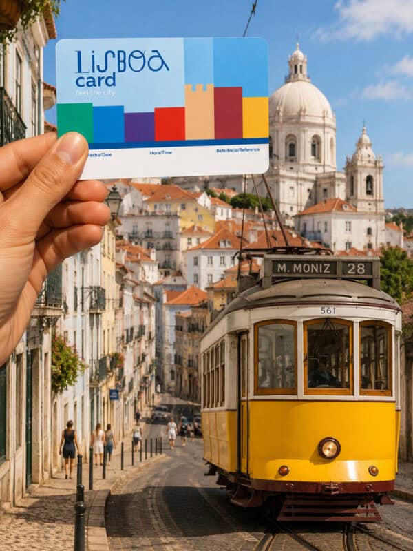 Colorful Lisboa card held up with historic Lisbon tram and cityscape in background.