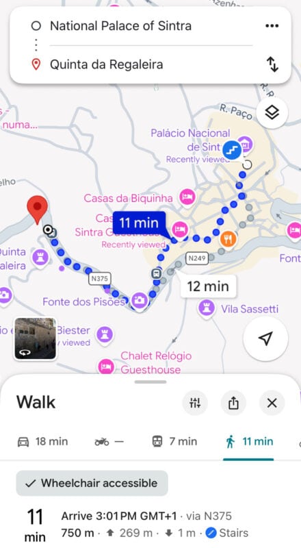 Map of Sintra with walking route to Palácio Nacional de Sintra, 11-minute walk.