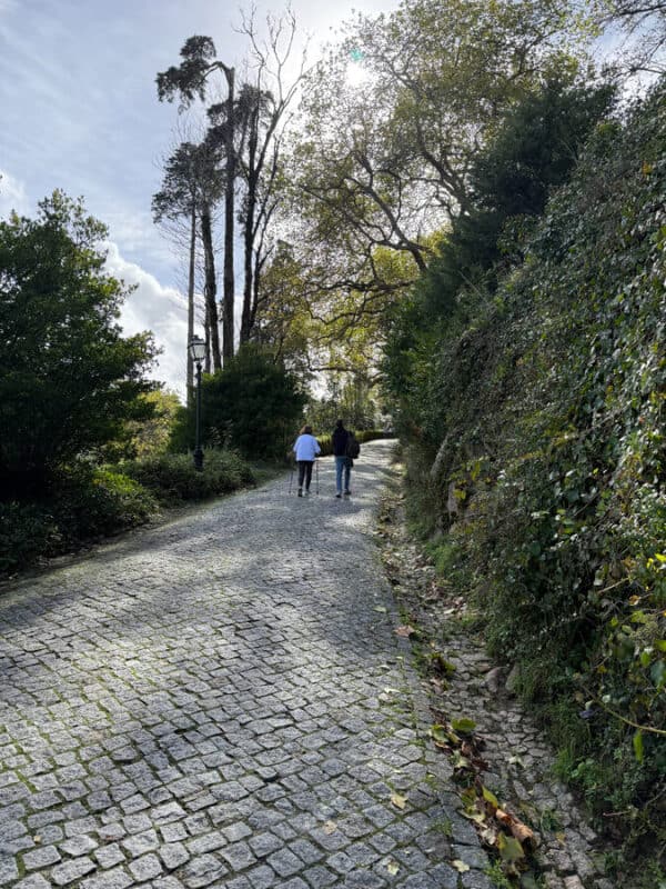 Two people walking on a cobblestone path surrounded by trees in Sintra.