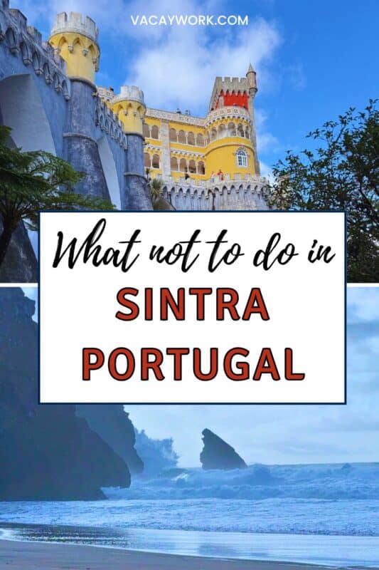 Colorful Sintra castle with blue sky and ocean view in Portugal.