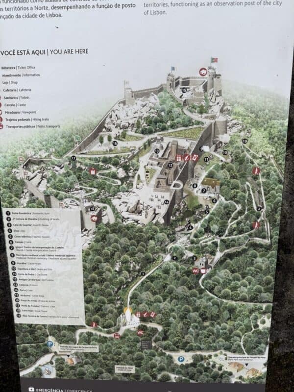A visitor map shows the layout, trails, entrances and main points of interest inside Moorish Castle in Sintra.