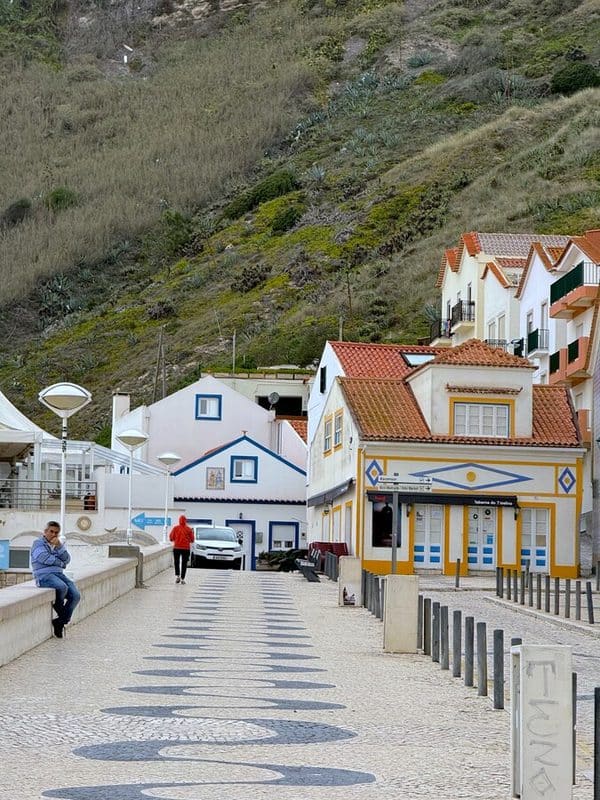 Wavy patterned cobbled street in Nazaré beside the beach, lined with small pastel houses with clay tiled roofs and hills in the background