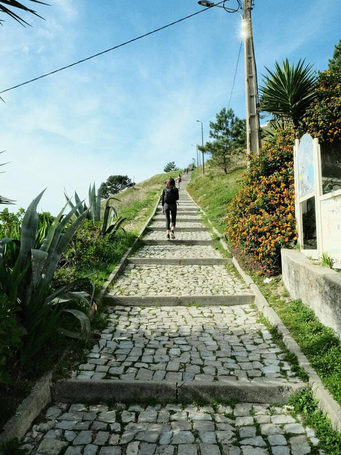 Nazare Portugal hillside path with stone steps, agave plants and views towards the coast