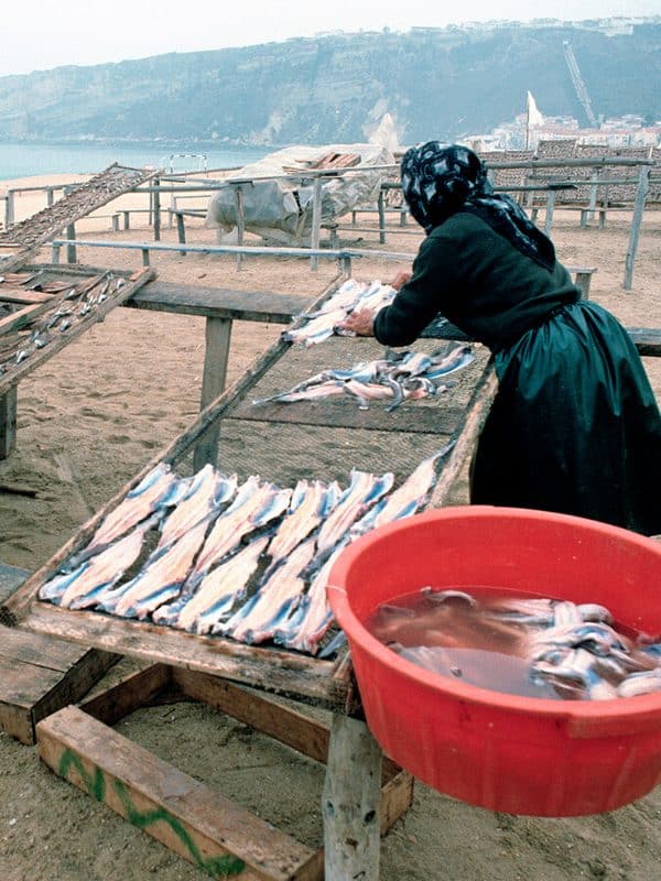 Nazare Portugal beach with a local woman drying fish on wooden racks beside the sea in traditional way